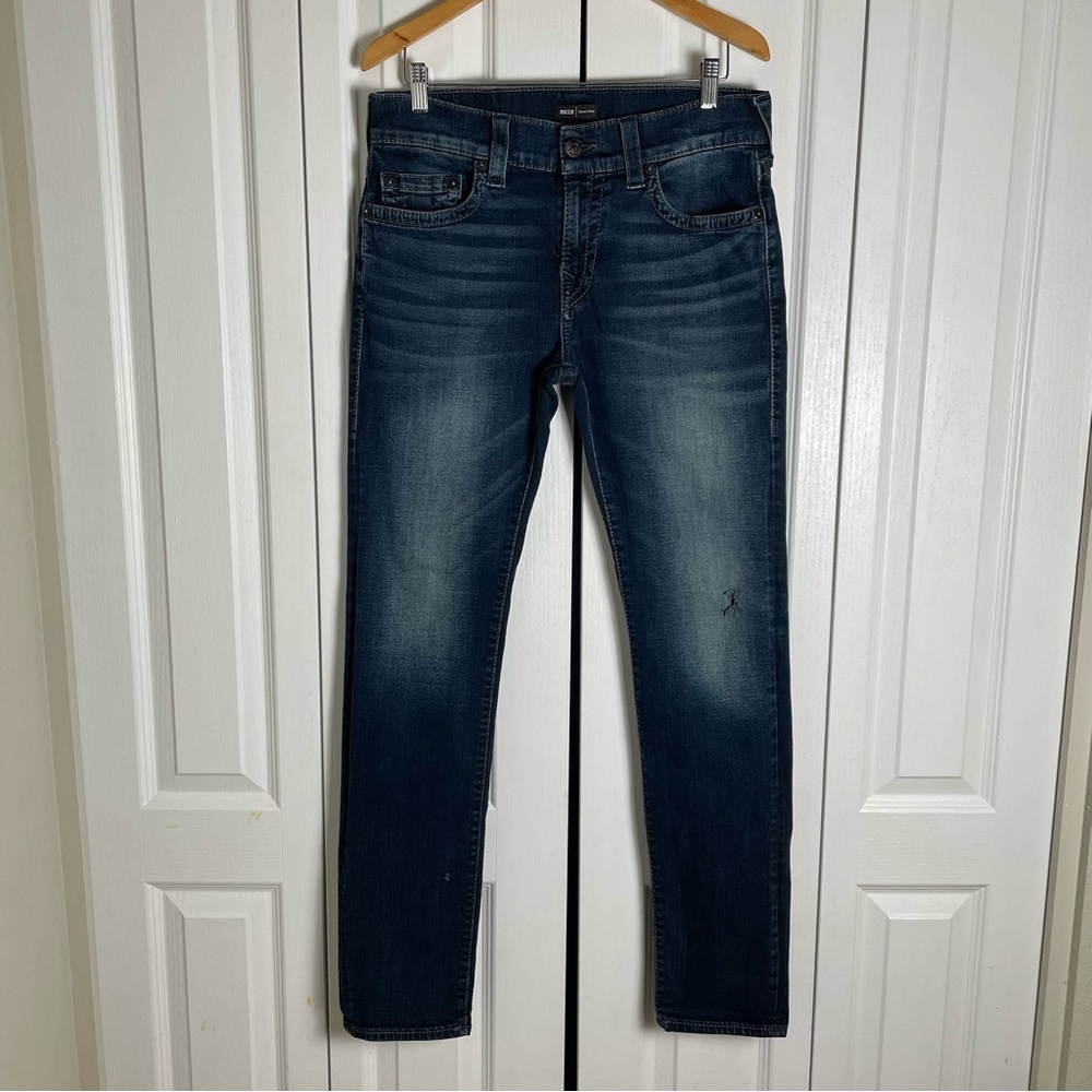 True Religion Relaxed Skinny Rocco Jeans Men’s 32 Blue Dark Wash Grunge Distress - Picture 2 of 16